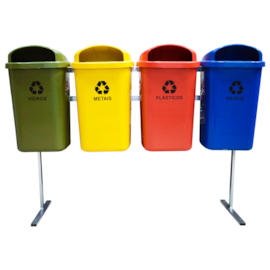 CONJUNTO COM 4 LIXEIRAS 50 LITROS COLETA SELETIVA COM SUPORTE EM AÇO CARBONO CONJUNTO COM 4 LIXEIRAS 50 LITROS COLETA SELETIVA COM SUPORTE EM AÇO CARBONO
