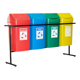 SUPORTE COM 4 LIXEIRAS 50 LITROS COM TAMPA BASCULANTE E ADESIVOS SUPORTE COM 4 LIXEIRAS 50 LITROS COM TAMPA BASCULANTE E ADESIVOS