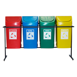 SUPORTE COM 4 LIXEIRAS 50 LITROS COM TAMPA BASCULANTE E ADESIVOS SUPORTE COM 4 LIXEIRAS 50 LITROS COM TAMPA BASCULANTE E ADESIVOS