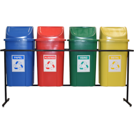 SUPORTE COM 4 LIXEIRAS 60 LITROS COM TAMPA BASCULANTE E ADESIVOS SUPORTE COM 4 LIXEIRAS 60 LITROS COM TAMPA BASCULANTE E ADESIVOS