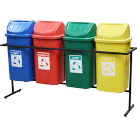 SUPORTE COM 4 LIXEIRAS 60 LITROS COM TAMPA BASCULANTE E ADESIVOS SUPORTE COM 4 LIXEIRAS 60 LITROS COM TAMPA BASCULANTE E ADESIVOS